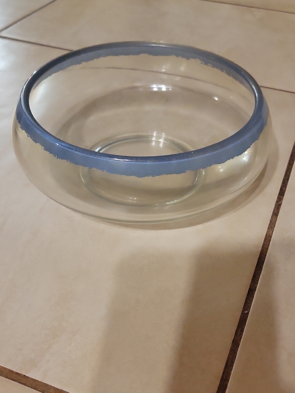 Vintage MCM Decirative Clear Glass Bowl Painted Blue Rim
